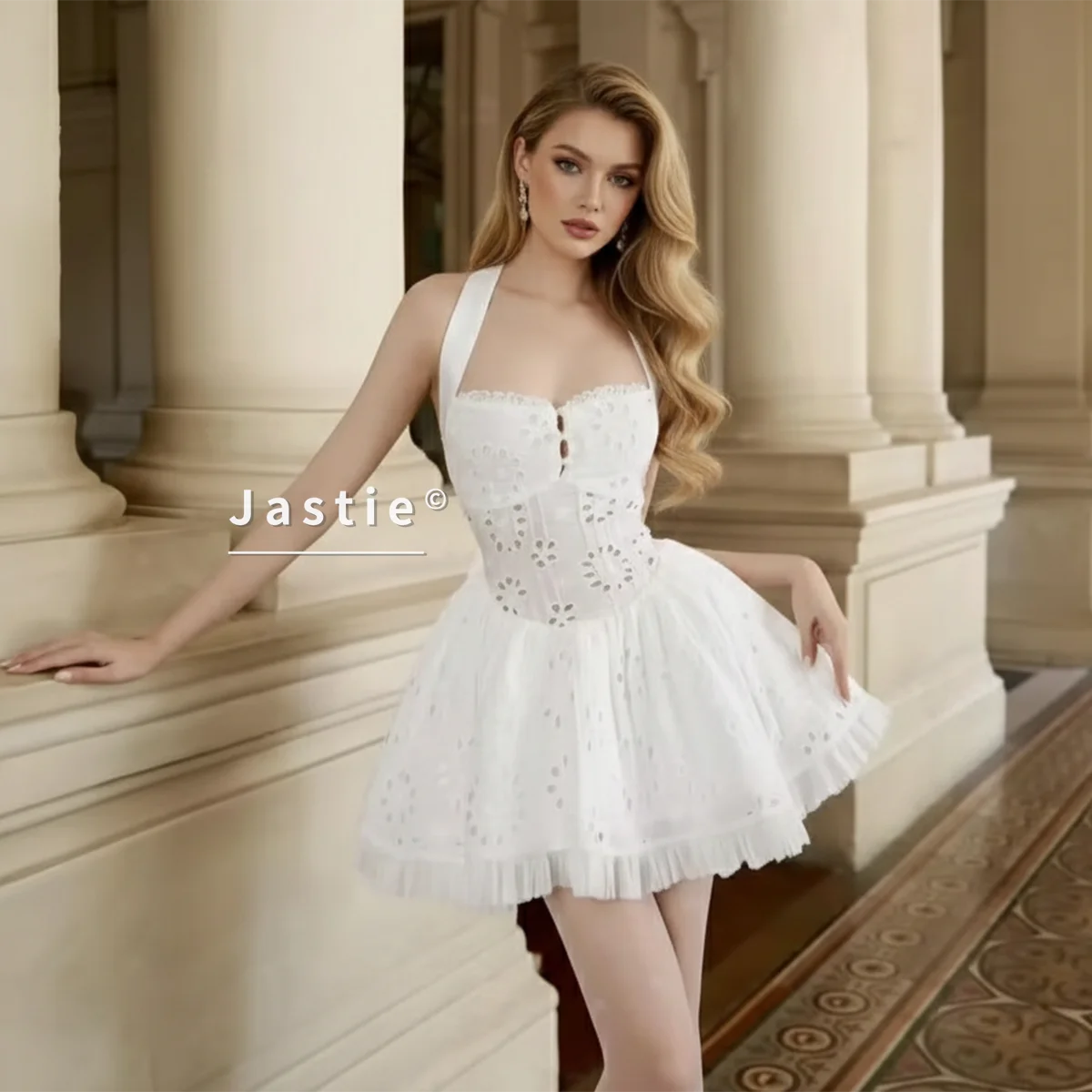 

Sexy White Halter Embroidery Mini Dress Women Backless Hollow Out Lace Up Sundress Sweet Cottagecore Coquette Party Vestidos