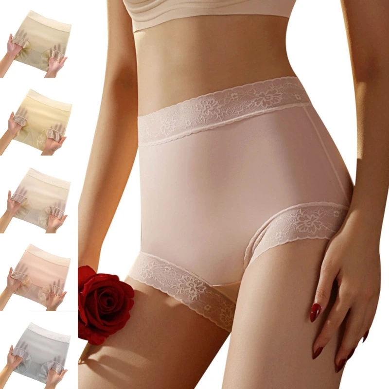 

High Waist Panties Lace Underwear Womens Ice Silk Summer Thin Briefs Lingeries
