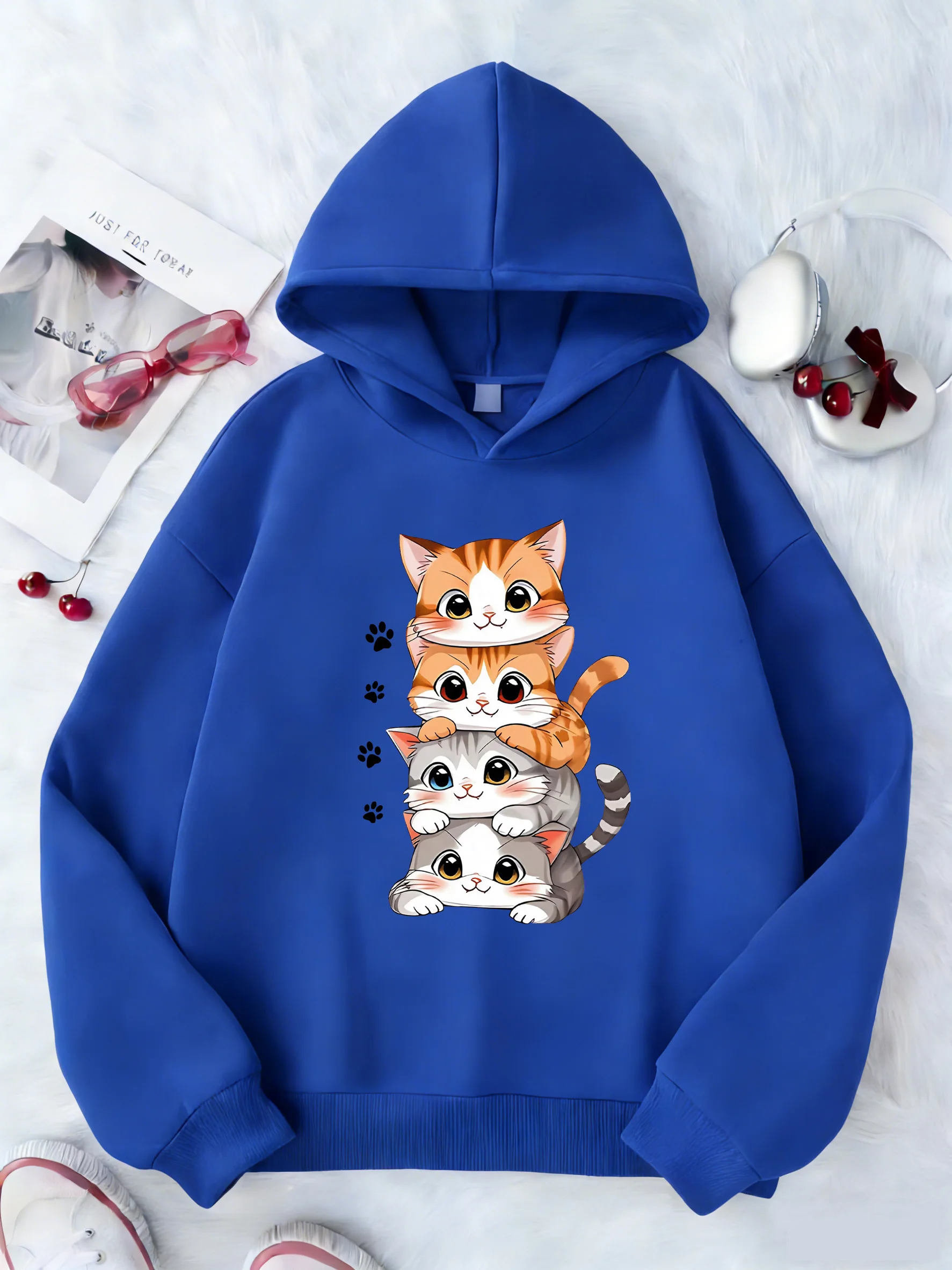 Lustiger Cartoon-Katzen-Hoodie mit Blumenmuster für Kinder, Katzen-Sweatshirt mit Kapuze für Jungen und Mädchen, Lässige Kapuzenpullover, Frühlingskleidung