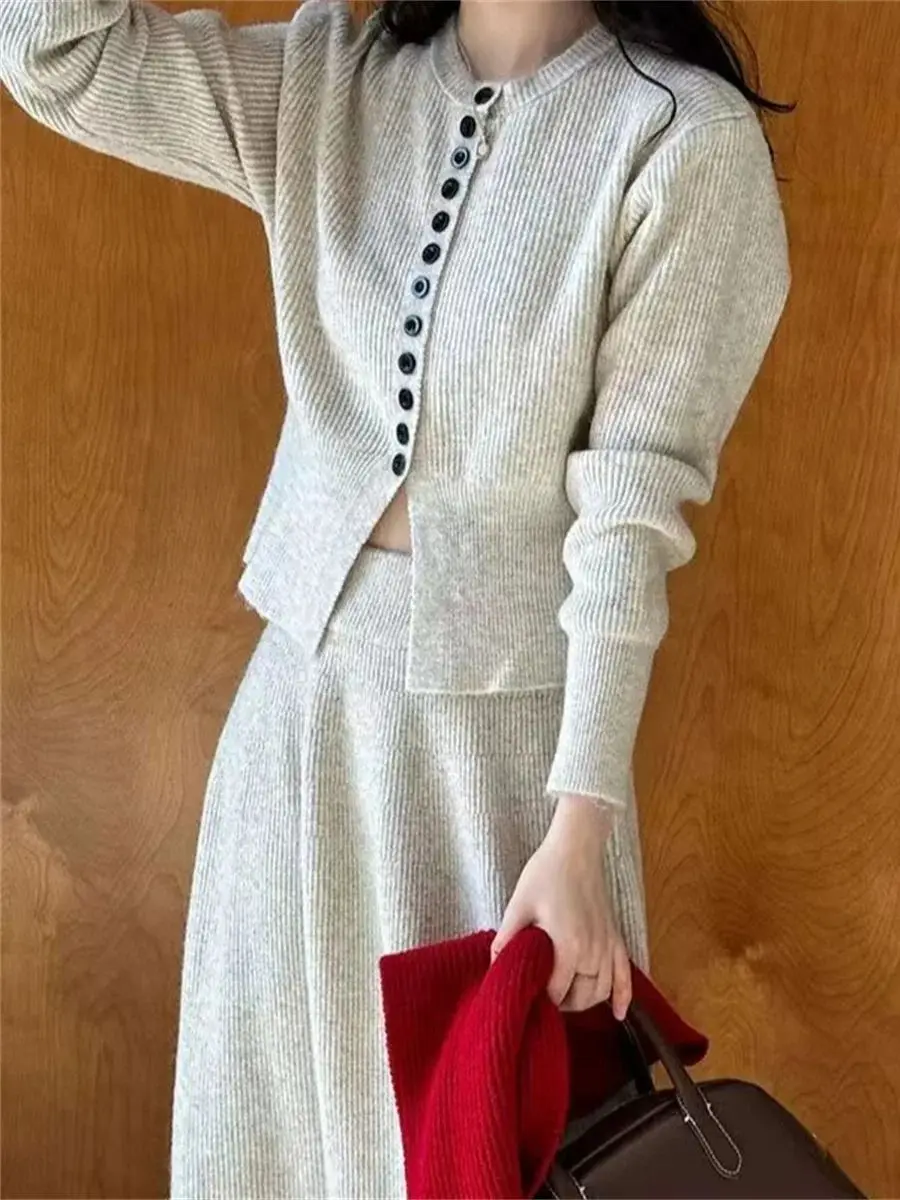 Fall/Winter French Elegant Knitted Two Piece Sets Women's Soft Knit Cardigan Jacket+ Midi Skirt Suits Female Outfits