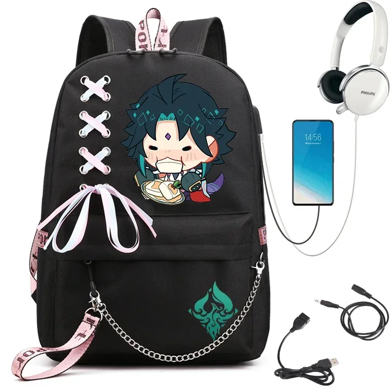 Bookbag Girls School Backpack For College Students Laptop Bagpack Genshin Impact Xiao Teenagers Back MN9