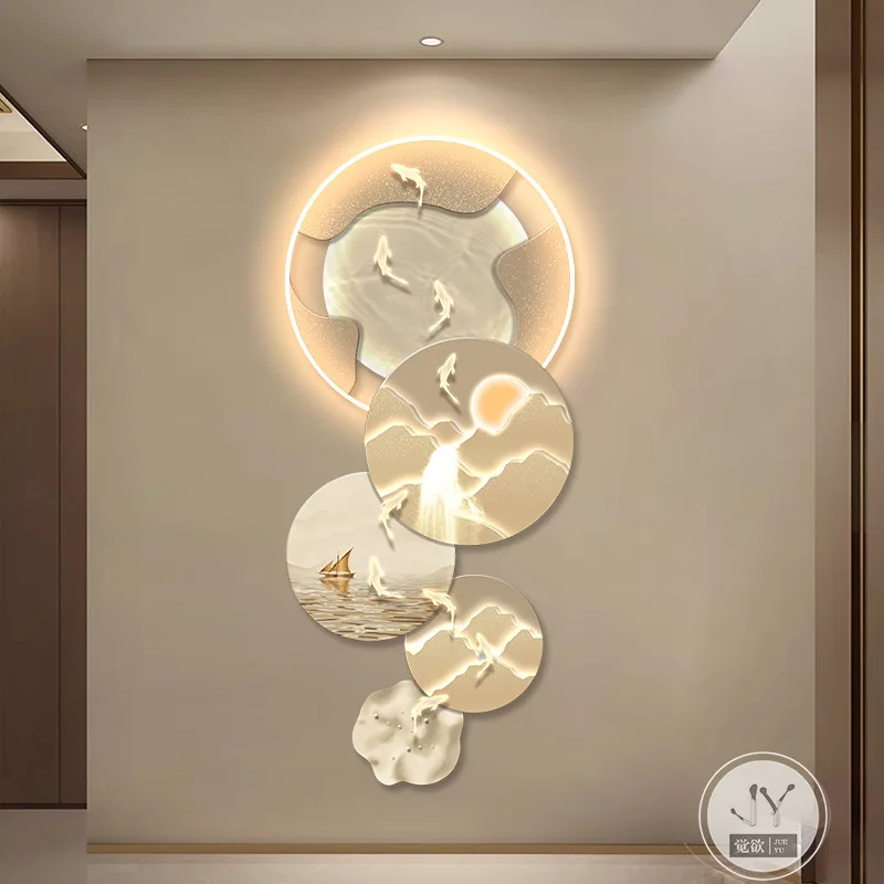 Decoration Painting of The Entrance Hall,nine Fish Picture,corridor,high Mountains,flowing Water, Glowing Wall Lamp Painting
