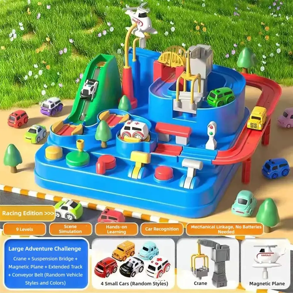 Modelo de carro ferroviário de corrida vermelho e azul, inércia de plástico, desafio de carro, brinquedo de aventura, interação pai-filho, jogo de quebra-cabeça, brinquedos