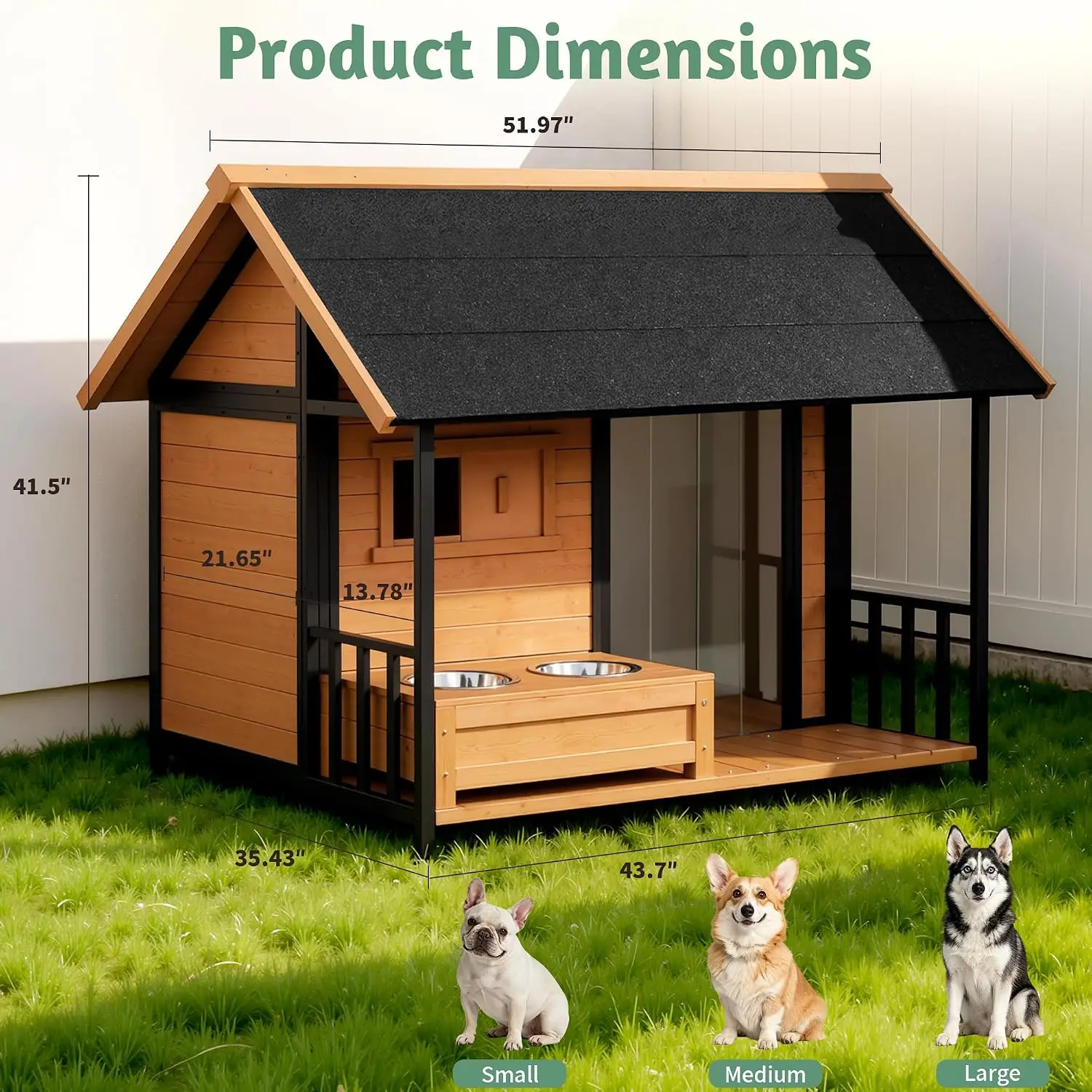 Outdoor Dog House for Large Dogs with Built-In Bowls, Asphalt Roof, Raised Floor, PVC Door & Adjustable Window
