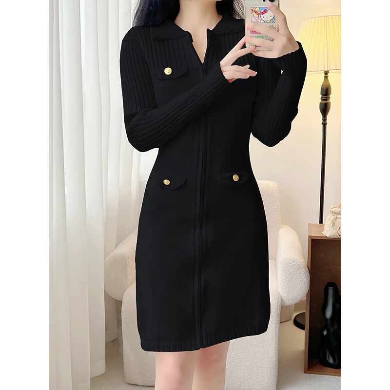 Damska nowa sukienka dzianinowa w kolorze złamanej bieli, wiosenno-jesienna, w stylu zachodnim, zapinana na zamek, sweter z długim rękawem, modny kardigan, mała czarna sukienka.