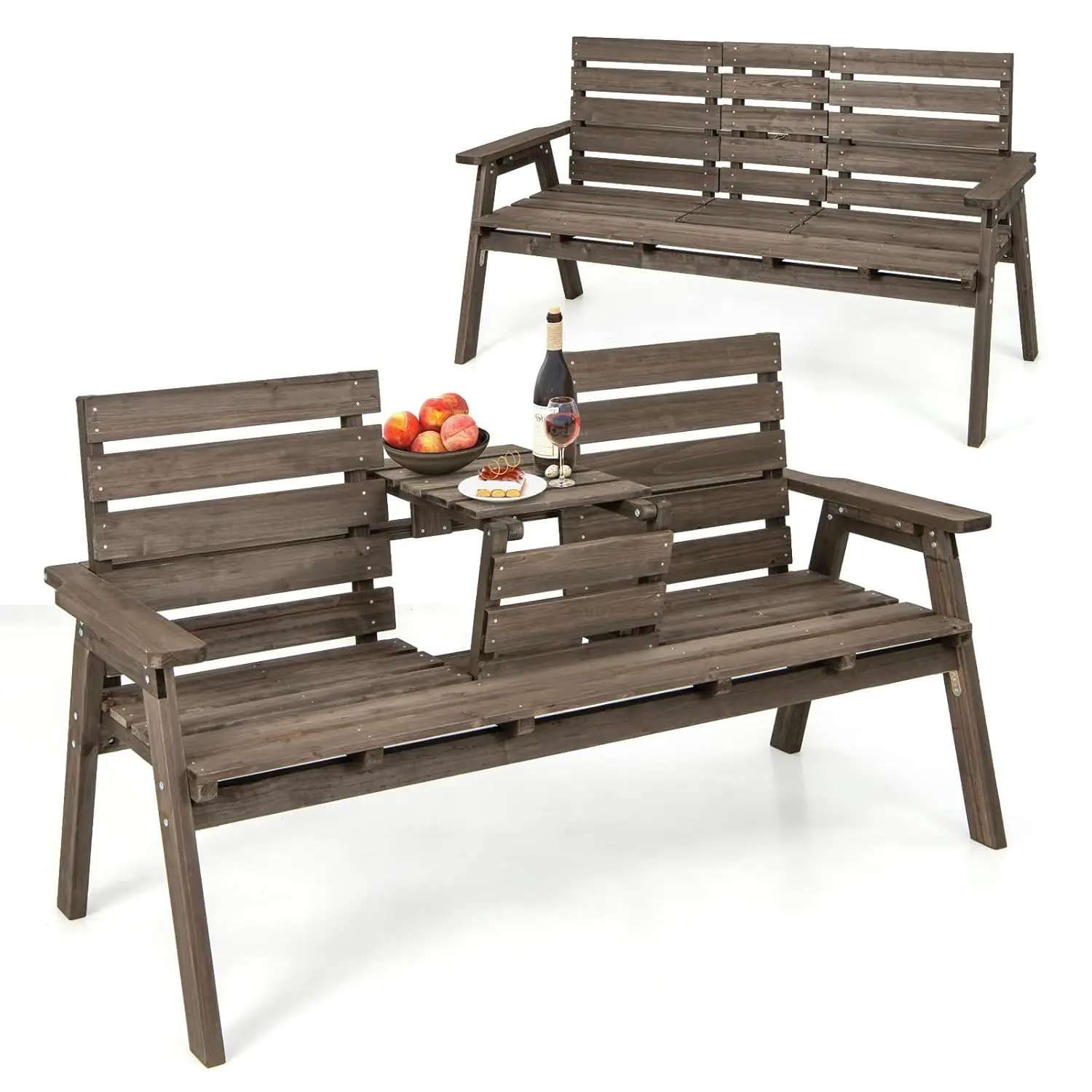 

Fir Wood Outdoor Bench with Foldable Table 710 lbs 2-3 Seat Slatted Back Armrests Porch Patio Backyard Customized