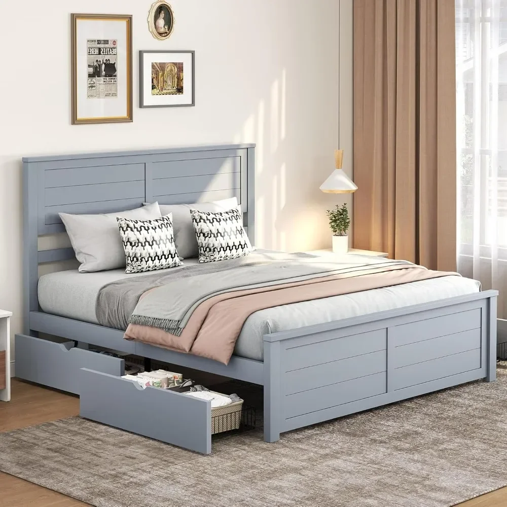 Queen Bed Frame with Headboard & 4 Storage Drawers Wood Bed Frame for Bedroom Wood Slats Support Platform Bed Frame