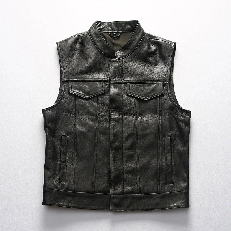 

short Motorcyclist Slim undershirt biker men large size vegetable tanned sheepskin vest leather sleeveless coat tops