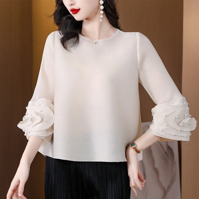 ハイエンドプリーツフレアスリーブラウンドネックルーズファッションTシャツレディースビーズカジュアルトップポリエステル春夏新作