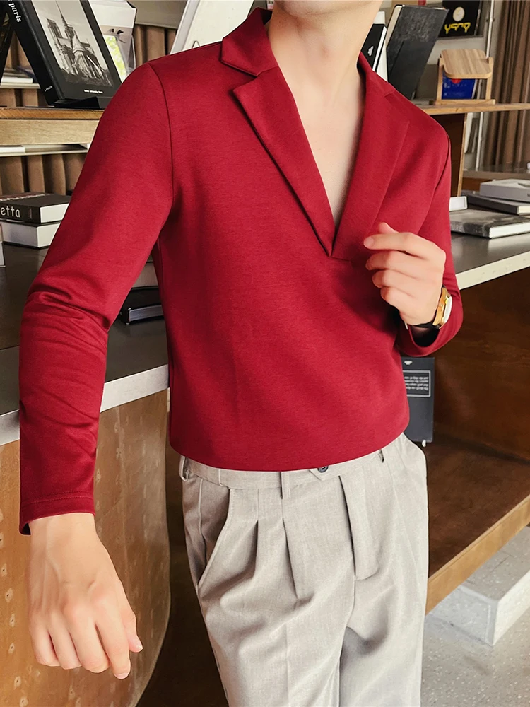 2026 Spring Mens Solid Color Long Sleeve T-shirt Fashionable Cuban Collar Deep V Neck Slim Fit Tops For Male Street Daily Wear