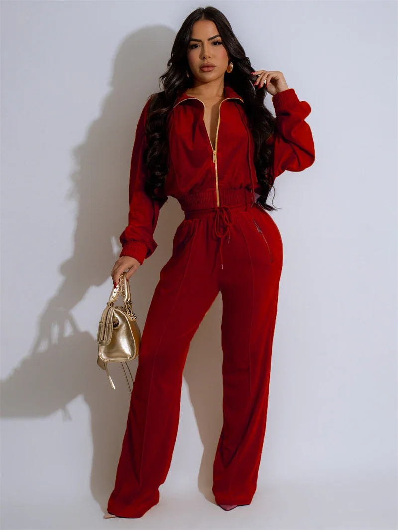 Velvet 2 Piece Sets Women Outfit Fall Clothes 2024 Women Solid Zip Up Top and Pants Sets Casual Tracksuits Set women Sweat Suits