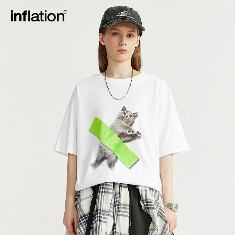 INFLATION Pet Cat Graphic Printed Cotton Tees Men Summer Loose Fit Short Sleeve T-shirts