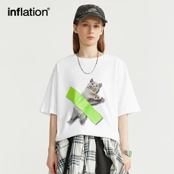 INFLATION Pet Cat Graphic Printed Cotton Tees Men Summer Loose Fit Short Sleeve T-shirts