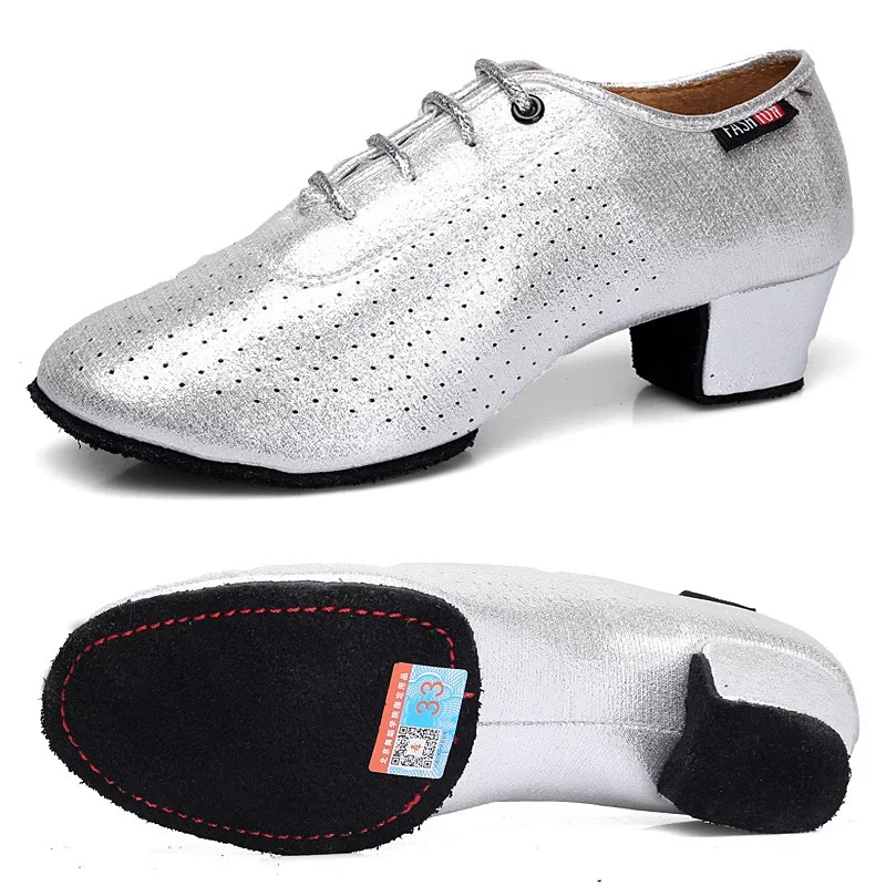 Women Latin Dance Shoes Ballroom PU Leather Ladies Girls Modern Jazz Dance Shoes Silver Black Salsa Dancing Shoes Teacher Shoe