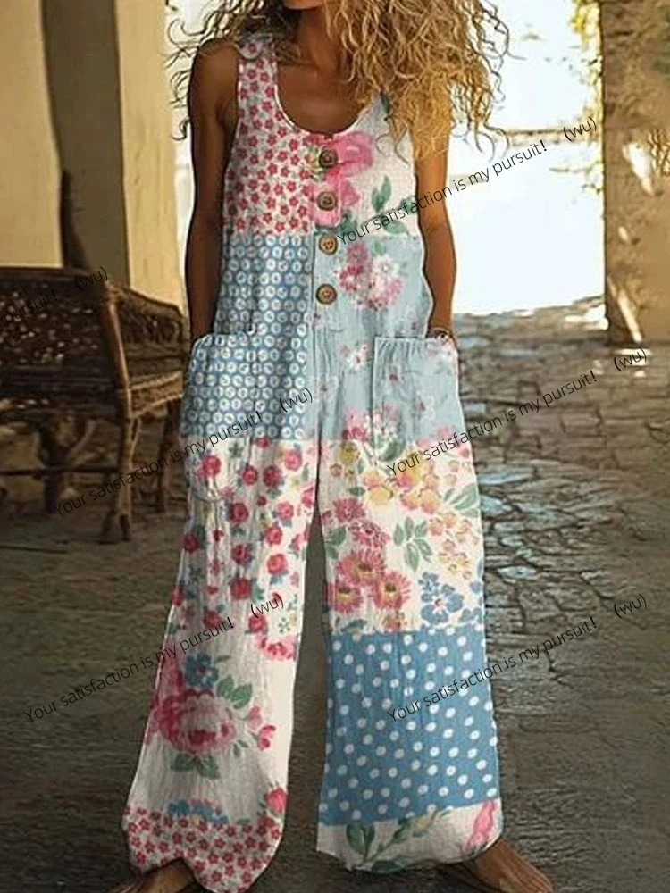Vintage Print Tasten Ärmellose Overalls Frauen Sommer Neue Mode Temperament Lose Breite Beine Overall Dame Pendeln Kleidung