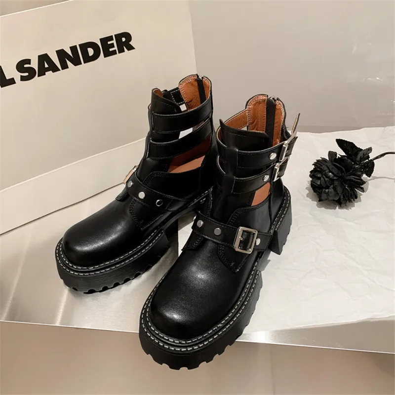 New Autumn/winter Women Boot Round Toe Platform Shoes Split Leather Fashion Belt Buckle Boots Short Boots for Women Handmade