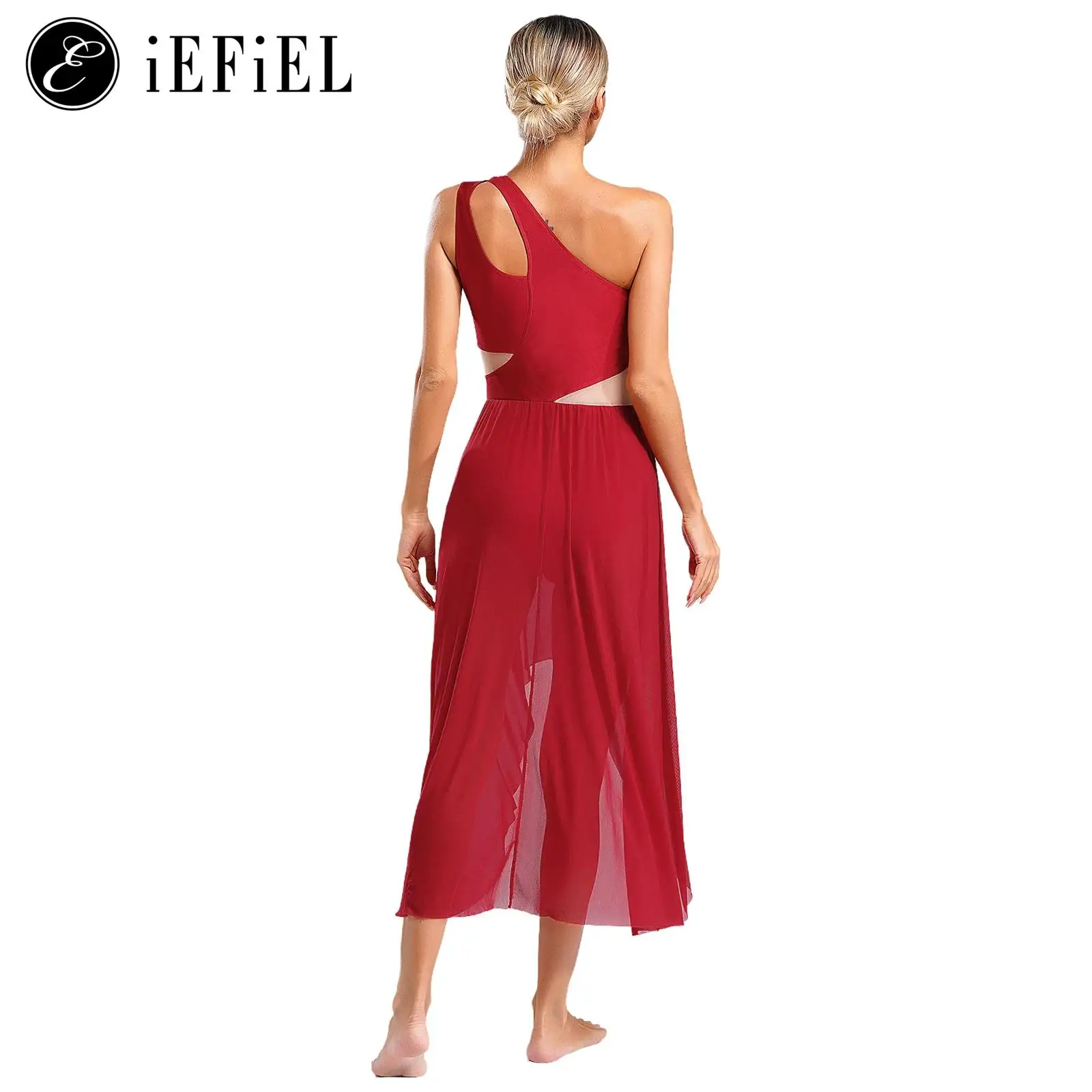 

Women Rhinestone Modern Lyrical Dance Dress One Shoulder Chiffon Contemporary Gymnnastics Ballet Skating Leotard Dance Costume