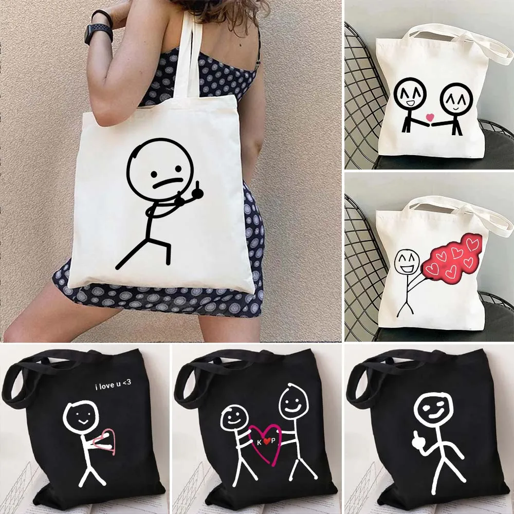 Funny Smile Simple Cute Couple Line Art Stick Figures Love Heart Women's Shopping Cotton Tote Bag Canvas Shoulder Female Handbag