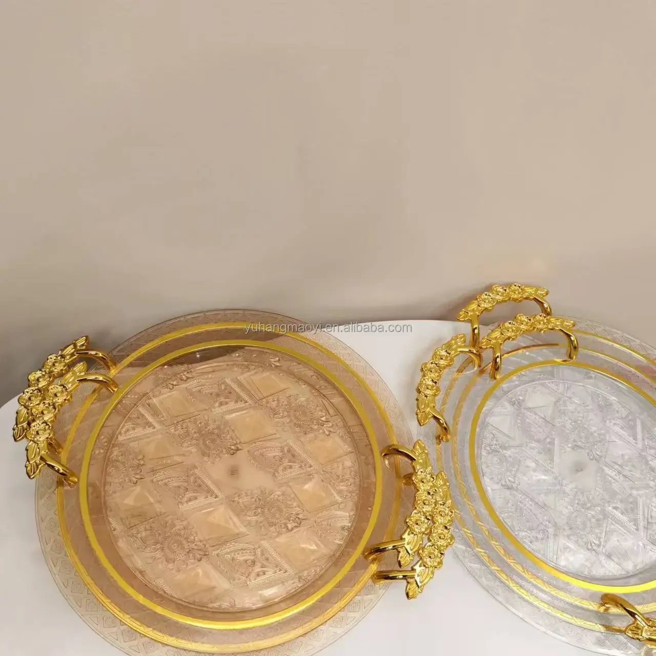 

Luxury Exquisite 3 PCS Tray Set Gold Borders Plastic Fruit Food Serving Tray Storage Plate Household Tray For Wedding Restaurant