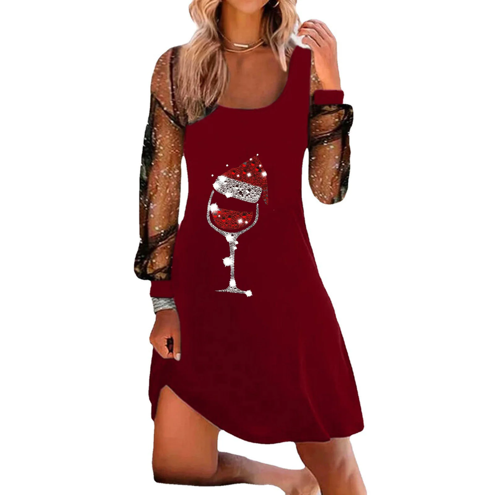 2024 Dress Women Female Clothing Fashion Elegant Evening Party Dresses Christmas Wine Glass Print Long Sleeve Pullover Dress