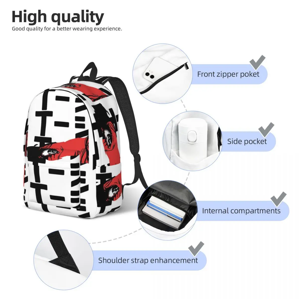 قميص أنيمي يقول تي شيرت باللغة اليابانية حقيبة ظهر بسيطة وأنيقة من القماش حقيبة ظهر للسفر