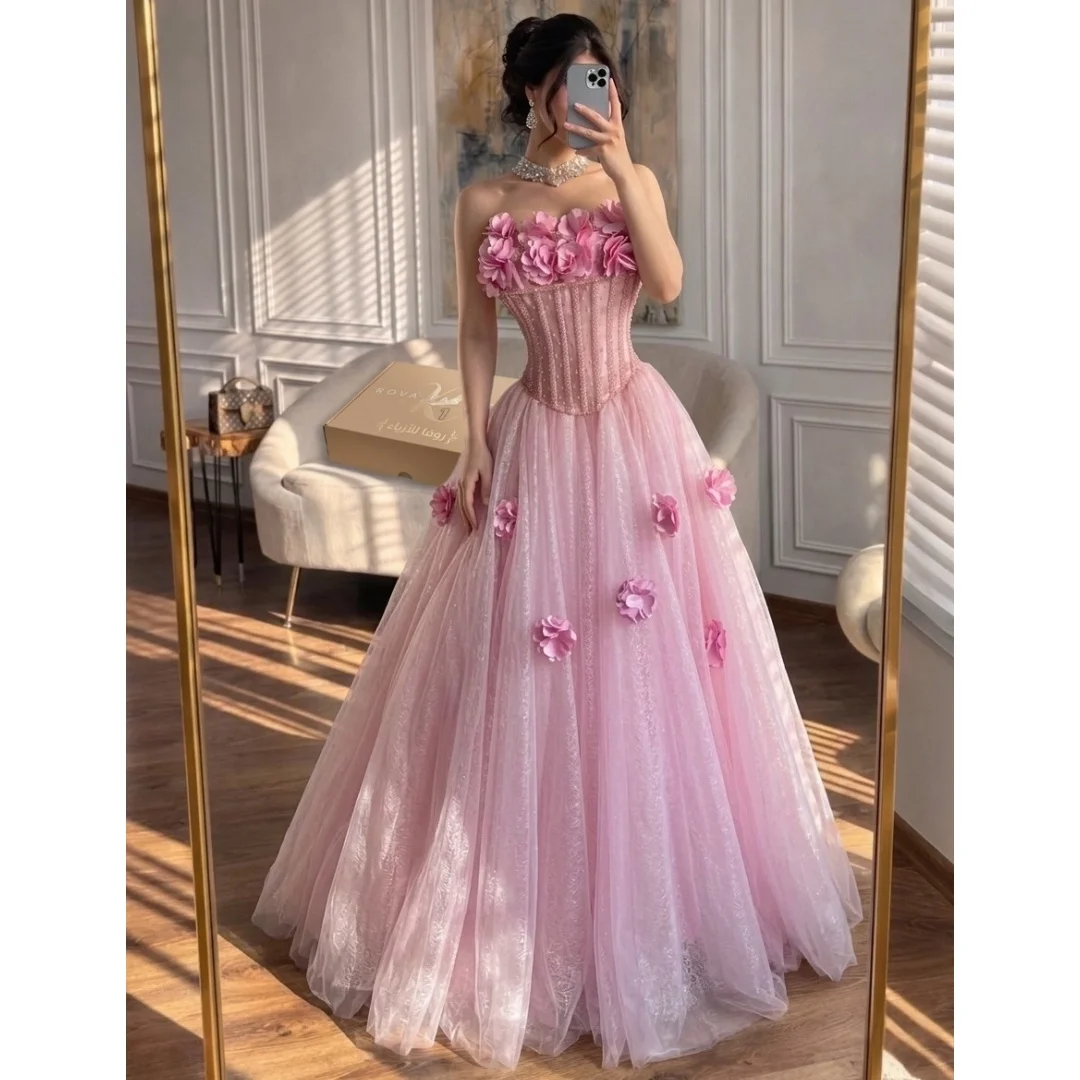 

Pink Strapless Corset Evening Dresses Lace Skirt 3D Flowers Luxury Party Dress Elegant Prom Gown Vestidos Customized