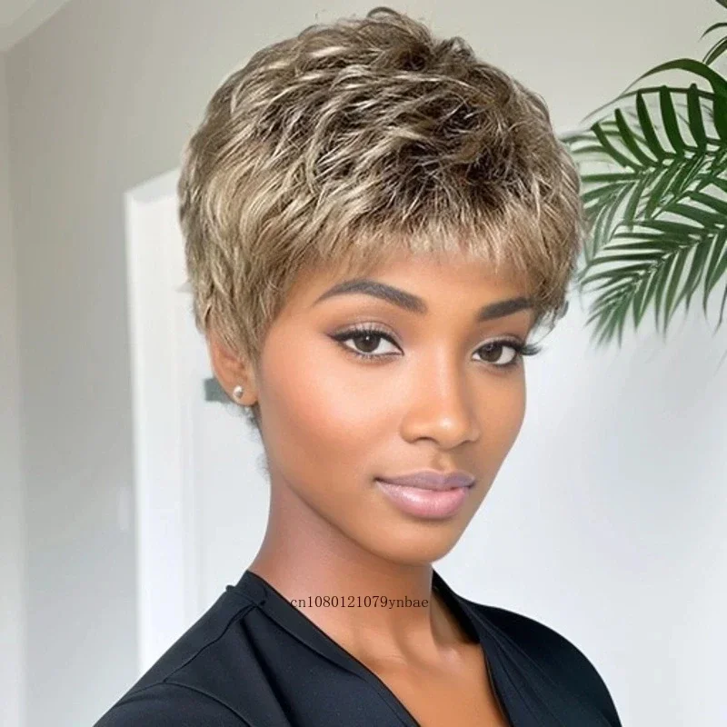

Синтетические короткие парики с стрижкой пикси для чернокожих женщин Ombre Dark Roots Mix Blonde Wig with Bangs Прямые волосы Ежедневный костюм для вечеринок Использование