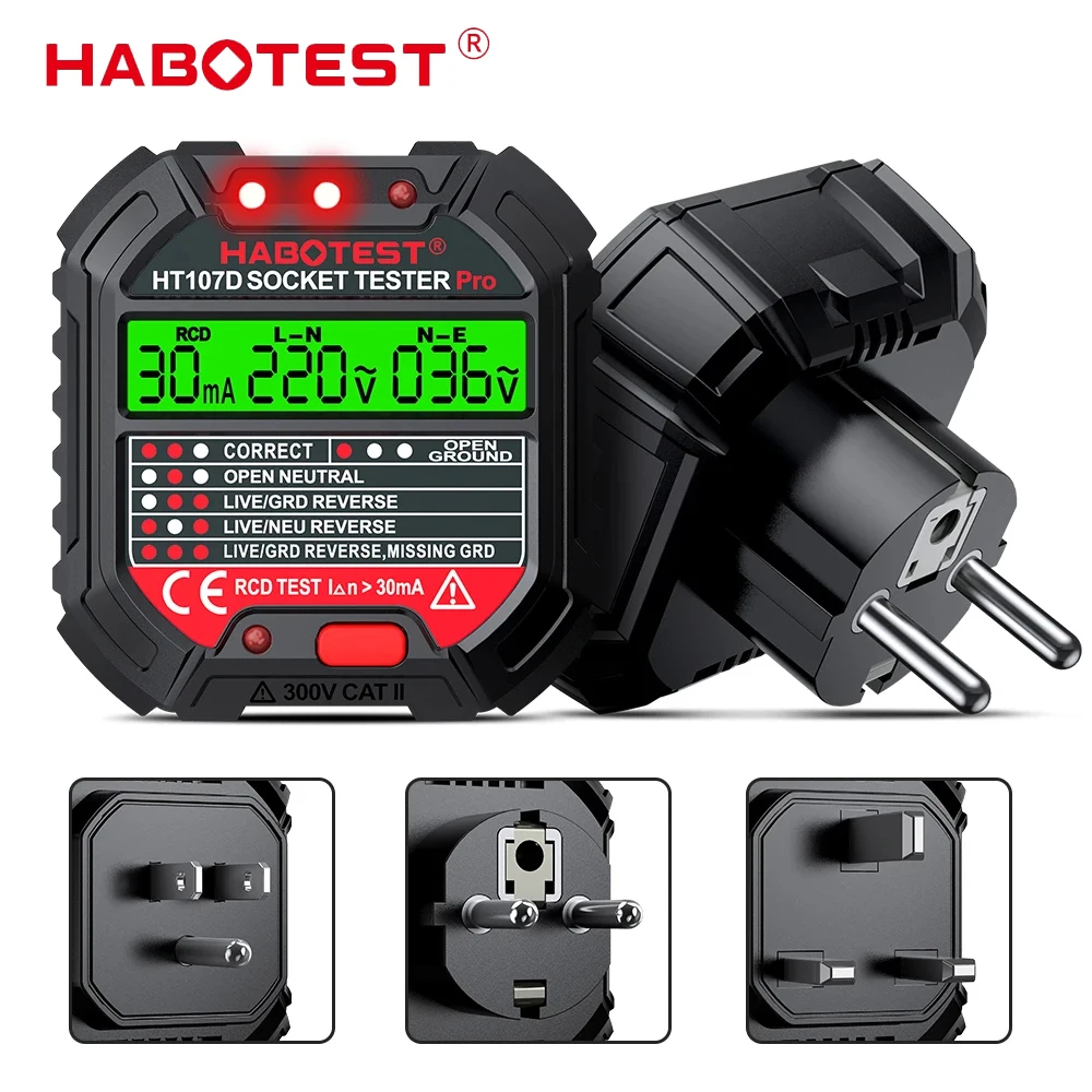 HABOTEST HT107 probador de enchufe PRO UE Reino Unido EE. UU. enchufe Detector de enchufe de salida Digital 5/30mA 250V prueba de voltaje RCD verificación de fase de polaridad