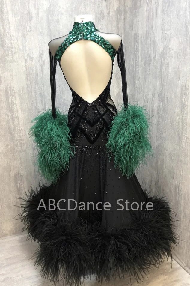 2025 NEW ballroom dance dresses competition Standard Dancing Dress dancewear ostrich feathers Long Sleeve  high neck