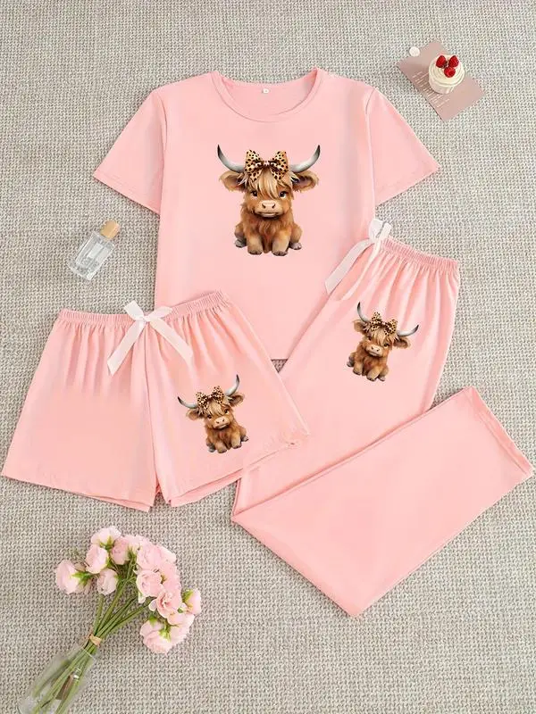 Damskie zestawy piżam z nadrukiem krowy szkockiej, codzienna odzież nocna na każdą porę roku, dopasowana odzież do spania z dzianiny.