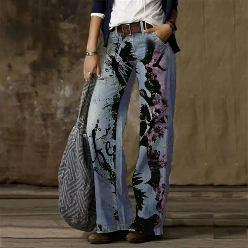 2024 Autumn New European and American Street Fashion Personalized Flower Pattern Printed Wash Straight leg Jeans