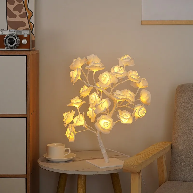 Romantic Sakura LED Night Light, USB Switch, Simulado Rose Branch Lamp, Lâmpada de mesa pequena, Presente de aniversário para amigo