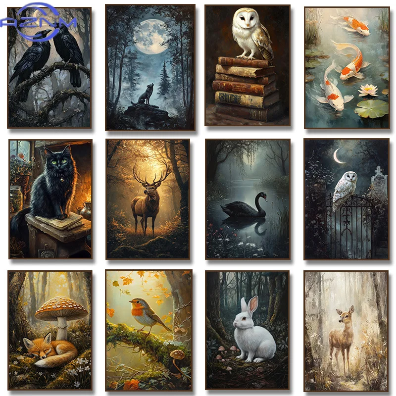 Póster Vintage AZNM con Diseño de Polilla, Zorro, Lobo, Cisne, Cuervo, Ciervo, Búho, Libro y Hongo, Estilo Academia Oscura, Gótico, Rústico, Estética Natural, Arte de Pared para el Hogar