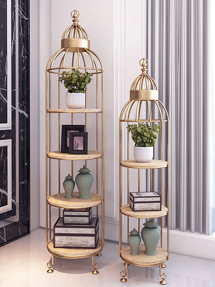 Flower rack, storage rack, Nordic living room, multi-story indoor multifunctional bird cage, floor stand, golden iron art, and