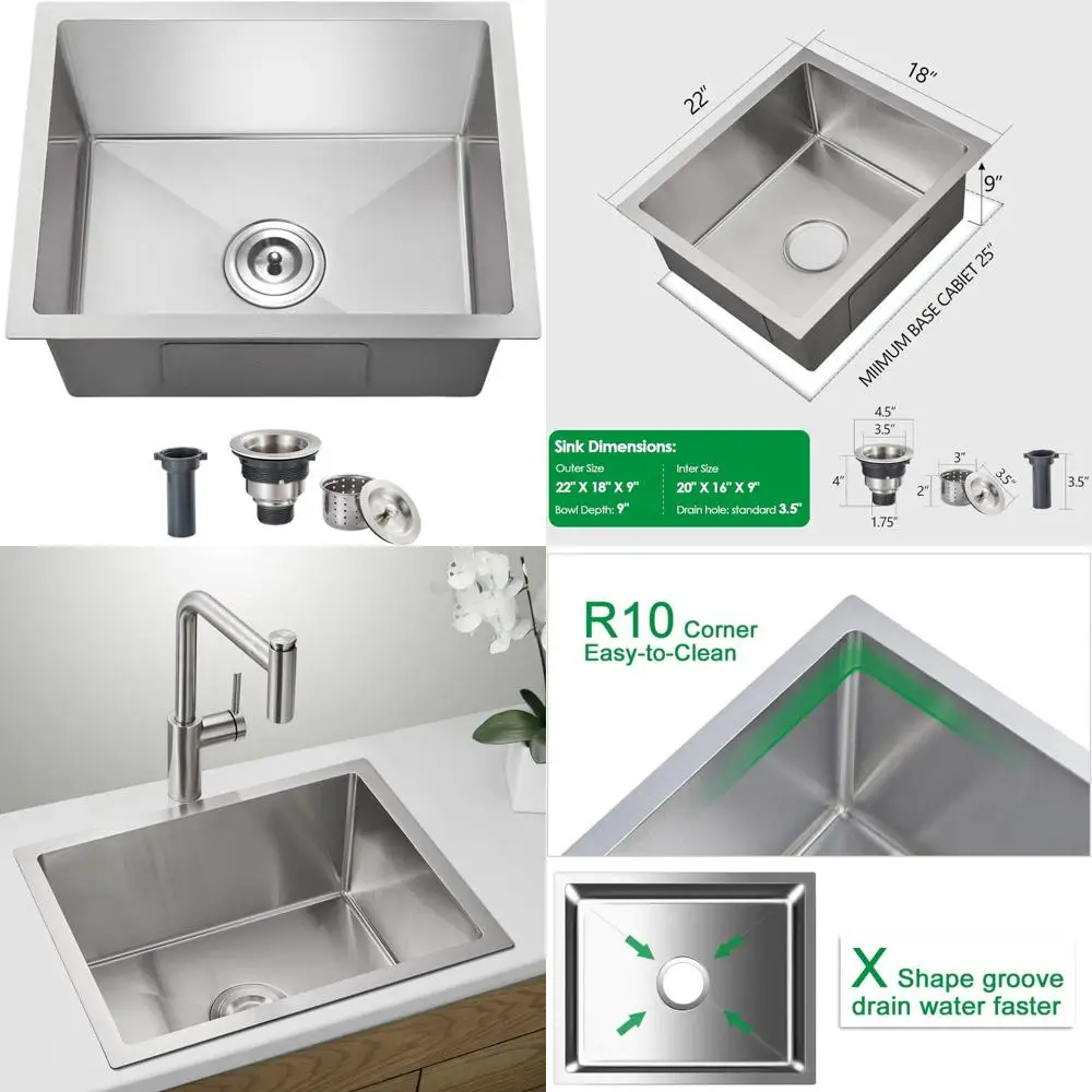 

Deep 9 Inch Single Bowl Undermount Stainless Steel Kitchen Sink, Handcrafted 304 Grade, 22x18 Inch Drop-in Design for Modern Kit