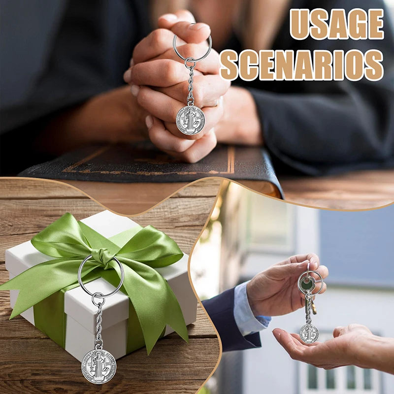 24 juegos de regalos de primera comunión, llavero de bautismo, llavero con medalla de San Benito de doble cara con bolsas de regalo de Organza, para invitados