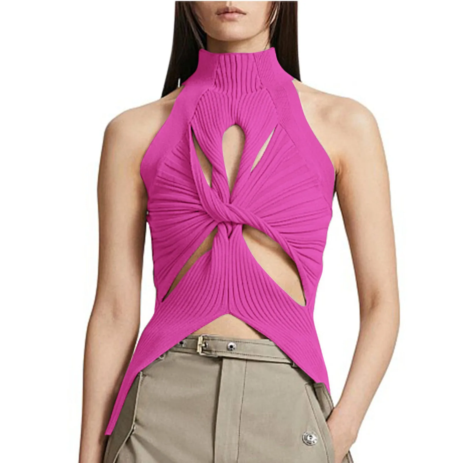 Gilet Sexy da donna scavato Kink mezzo collo alto gilet corto lavorato a maglia irregolare senza maniche gilet tinta unita Streetwear