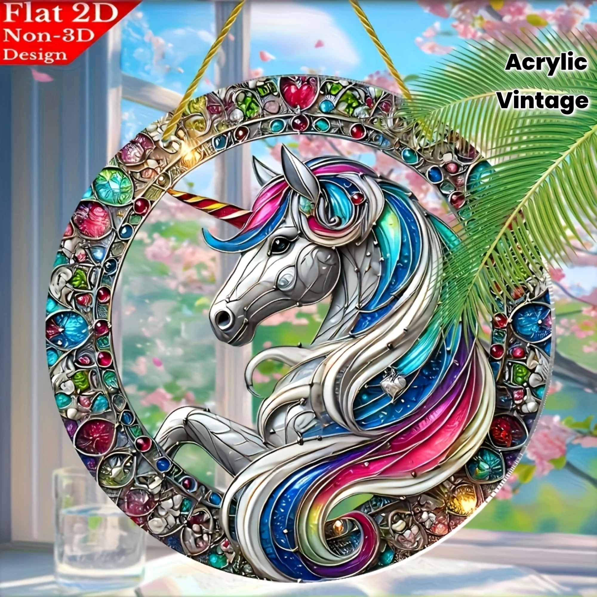 2D Flacher, Vintage Einhorn-Sonnenfänger - Farbenfrohes 2D Flaches Rundes Acrylschild mit Edelsteinbesetztem Horn, Verspielte Wandkunst für H