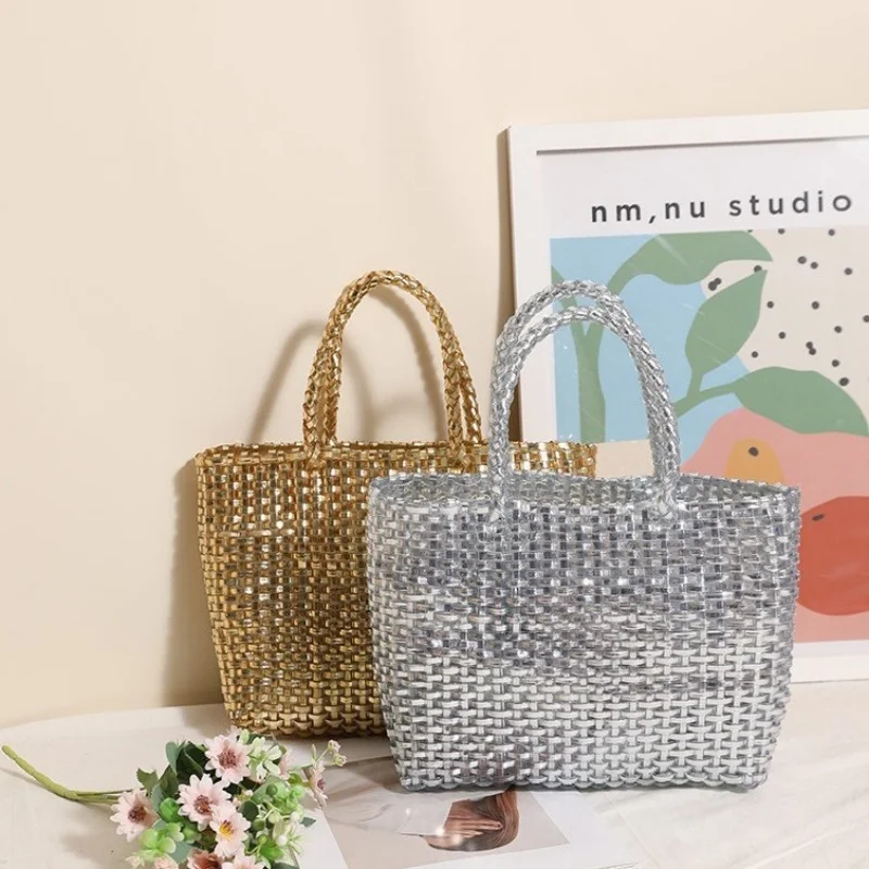 2026 New Fashionable Metallic Handheld Large Capacity Woven Bag Simple and Elegant Women's Seaside Vacation Beach Bag 2