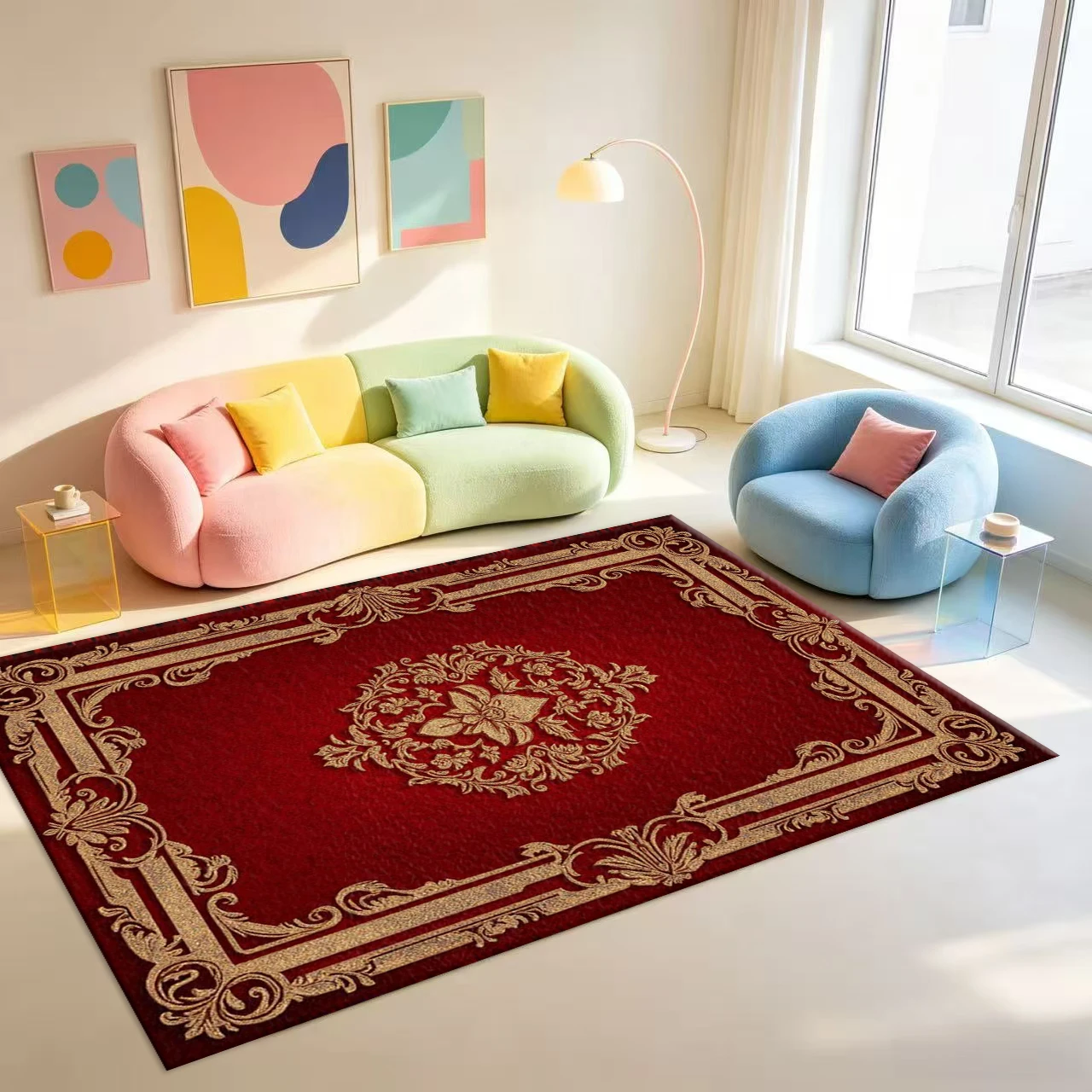 Luxury Red Gold European Baroque Border Pattern Carpet Flooring Retro Noble Art Area Rug For Home Indoor Floor Decor