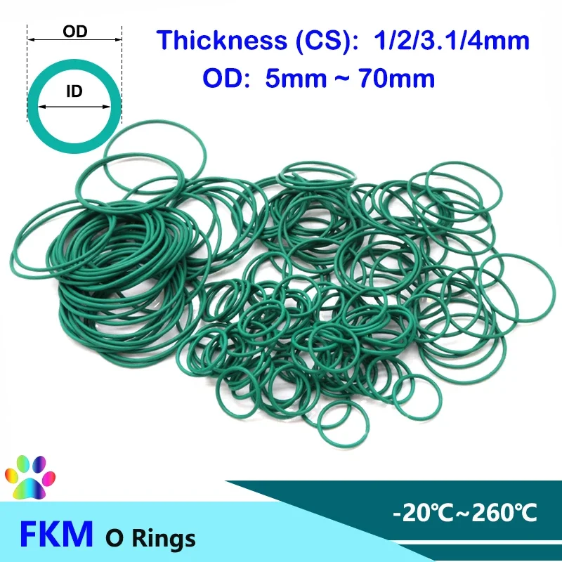 

10pcs Green FKM O Ring Seal Gasket CS 1/2/3.1/4mm OD 5-70mm Oil High Temperature Resistant Fluorine Rubber Sealing Gaskets