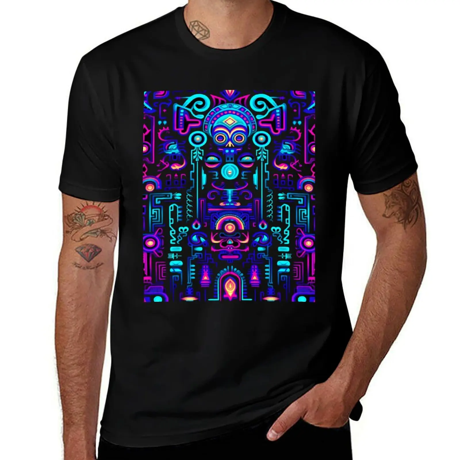 Blacklight Huichol Art Canvas T-Shirt Holiday Casual Short Sleeve Top