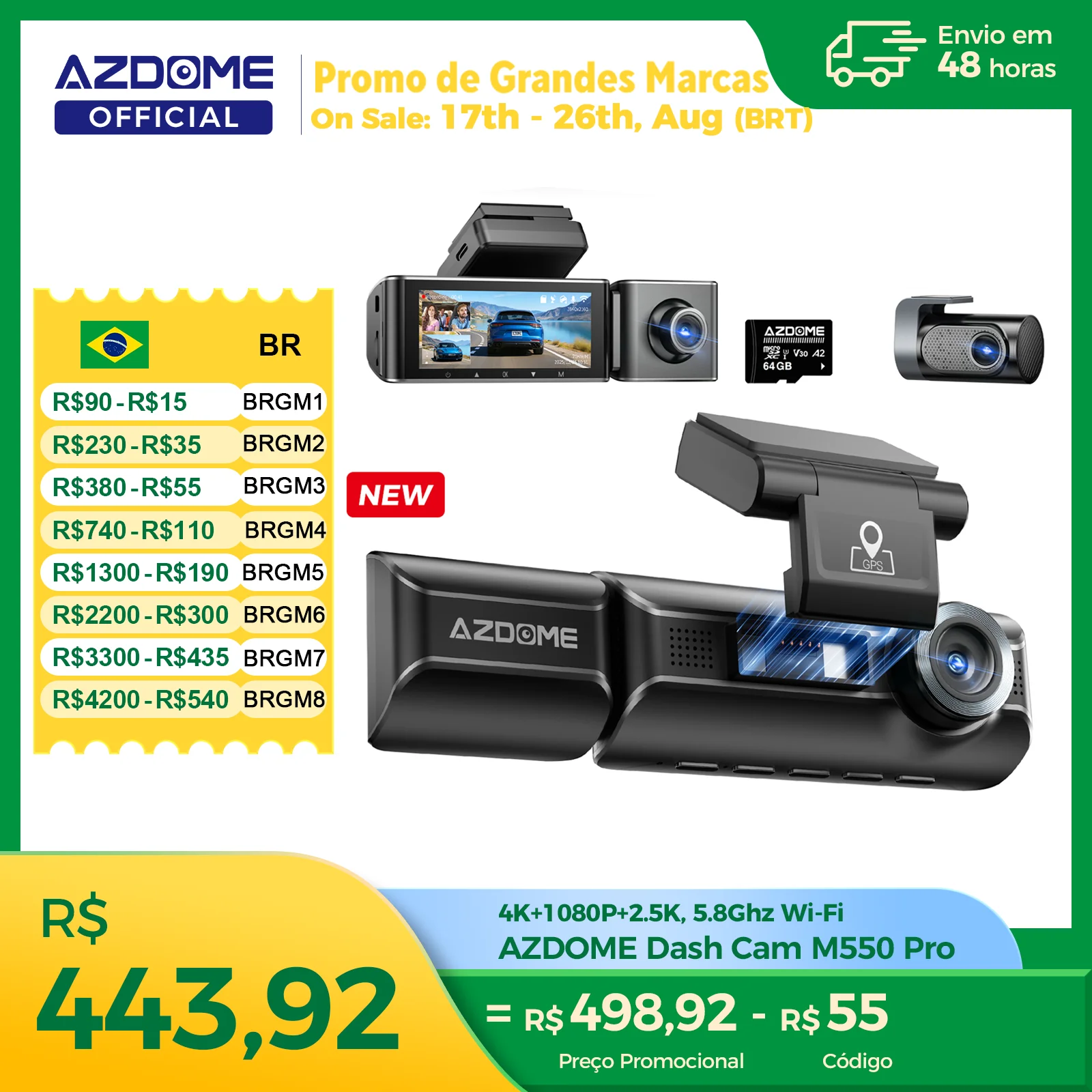 Nova Câmera Veicular AZDOME 4K M550 Pro com Gravação Frontal, Traseira e Interna 3 em 1, Monitoramento de Estacionamento 24H, Supercapacitor, Wi-Fi 5G, GPS e ADAS - DVR Automotivo