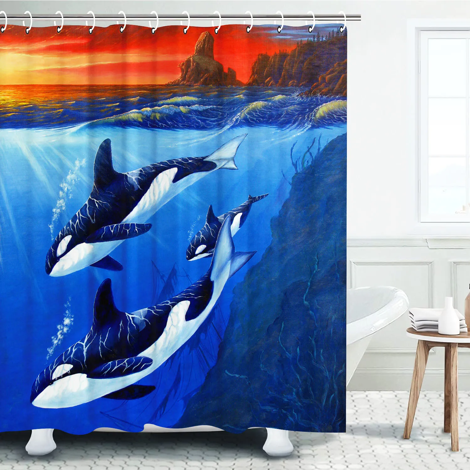 4Pcs Orca Killer Whale Shower Curtain Set, Ocean Underwater Sunset Bathroom Decor, Waterproof Curtain with Non-Slip Rugs Toilet
