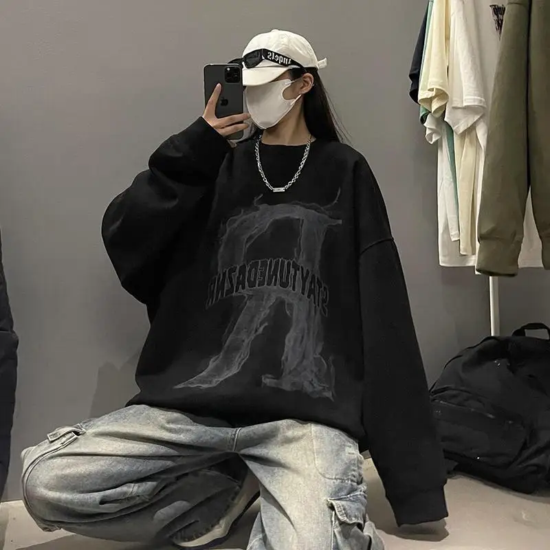 New high end popular suede sweatshirt men round neck autumn American retro vintage fashion brand teen couple tops Harajuku Y2K
