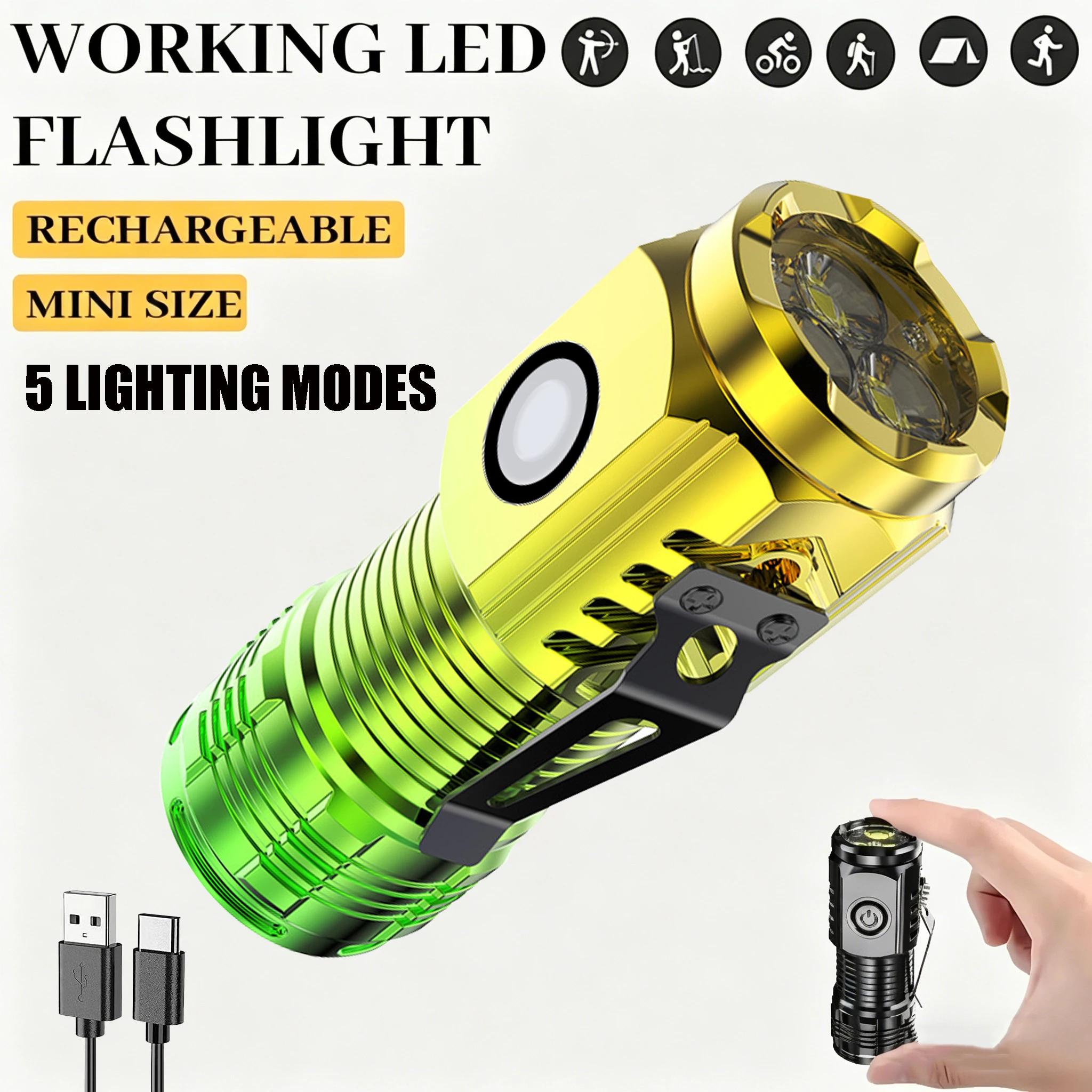 Mini Super Bright Flashlight Portable Rechargeable Waterproof Torch Outdoor Camping Emergency Lantern Spotlight with Pen Clip