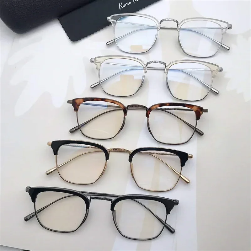 Square Japanese Titanium Frame Hand-Made Lightweight Semi-Rimless Blue Light Prescription Eyeglasses for Men And Women
