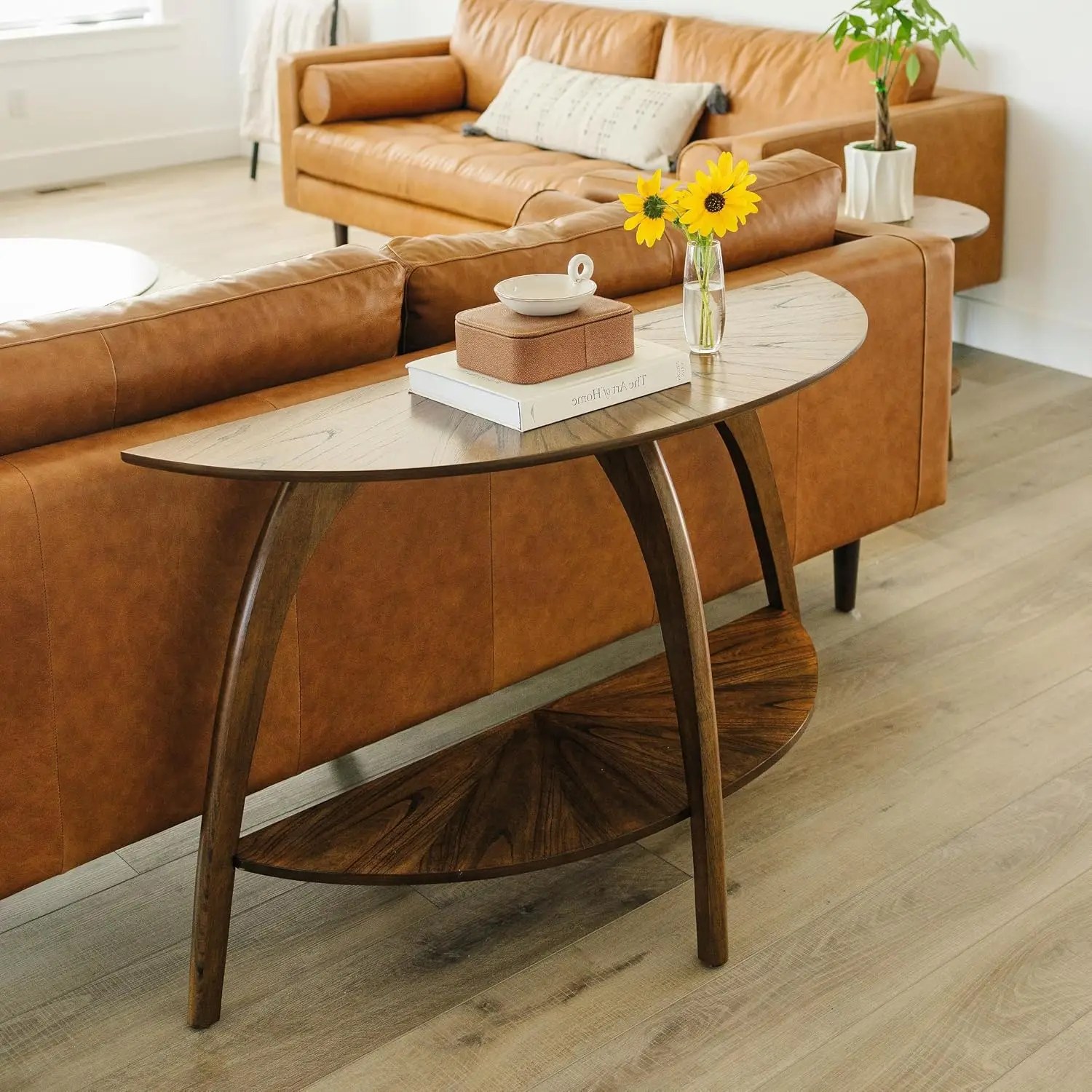 Mid Century Wood Half-Moon Console Table with Lower Shelf for Living Room Entryway, Customized