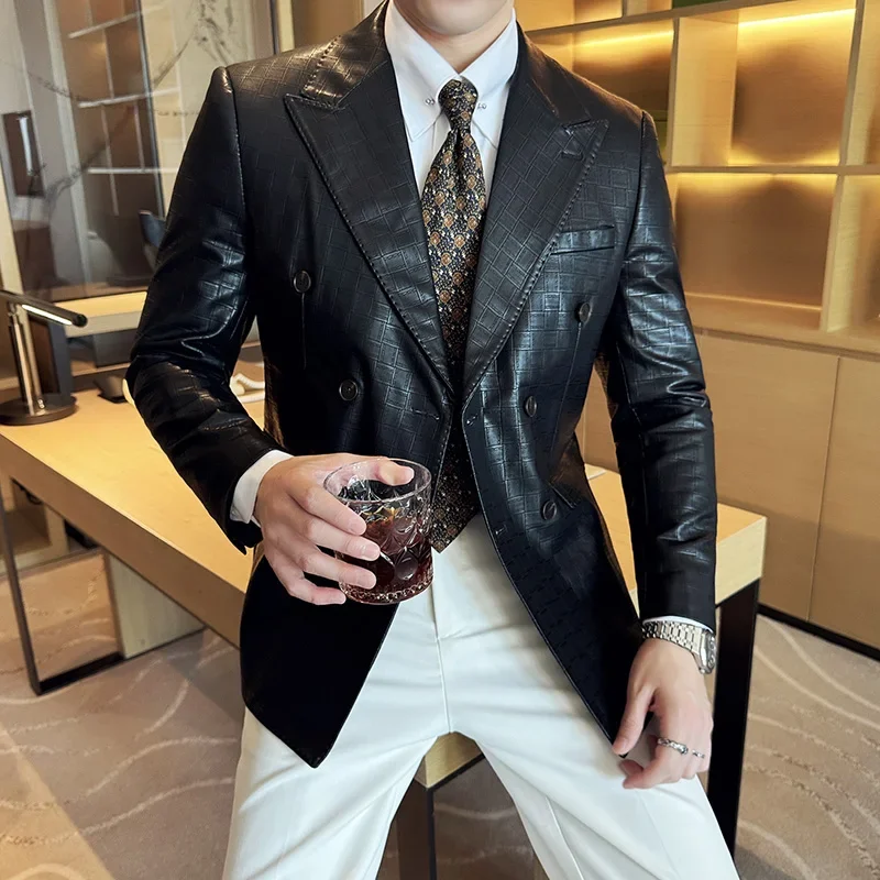 High Quality Square Grid Double Breasted Leather Jacket Fashion Business Slim Fit Casual Men Suit Blazer Tuxedos Men Clothing