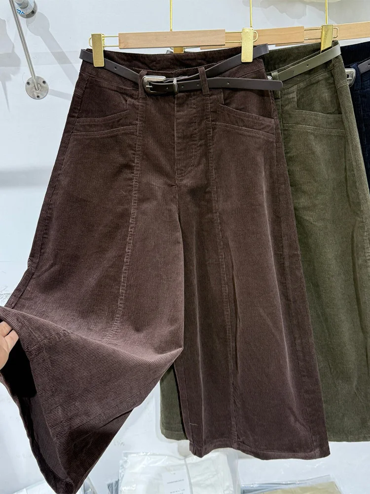 Authentic Corduroy Wide Leg Pants Loose Straight Casual Trousers High Waist Button Polyester Fiber Daily Wear for Women